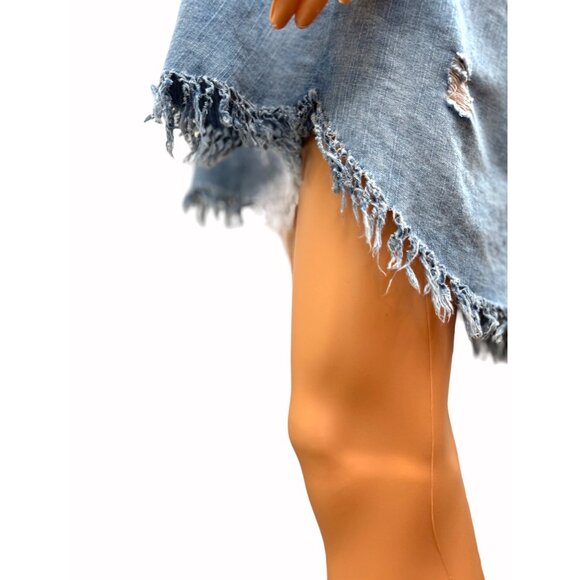 Distressed Denim Shirt Dress By En Crème Size M Long-Sleeve Frayed Hem Button-Up - Picture 7 of 11